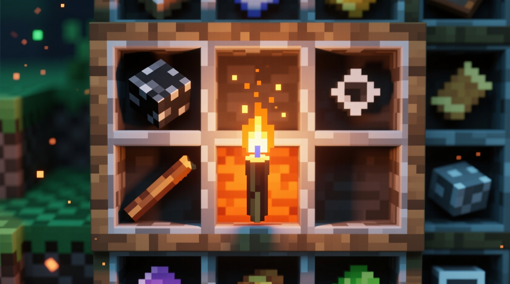 Crafting torches with coal and sticks in Minecraft inventory