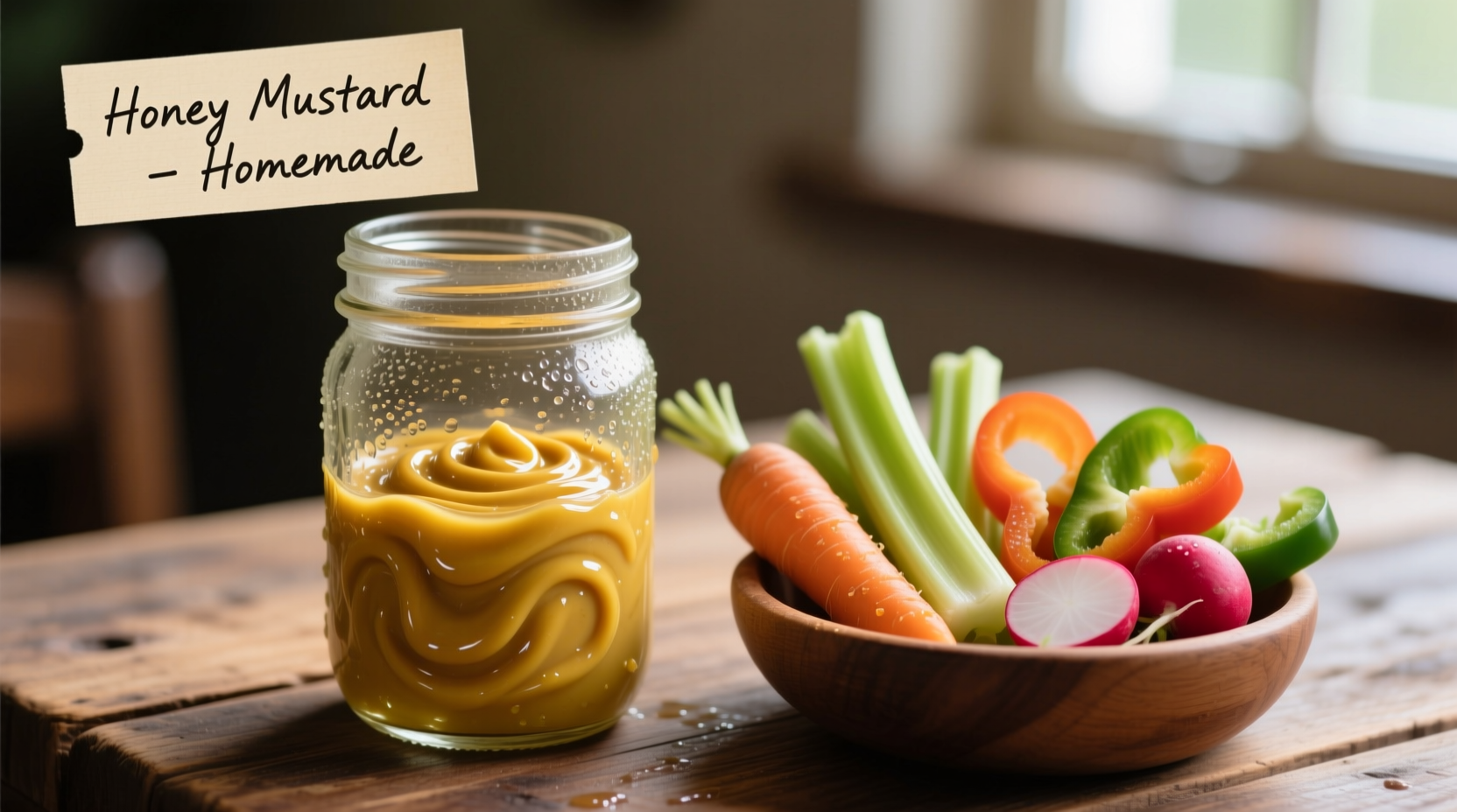 Homemade honey mustard in glass jar with dipping vegetables