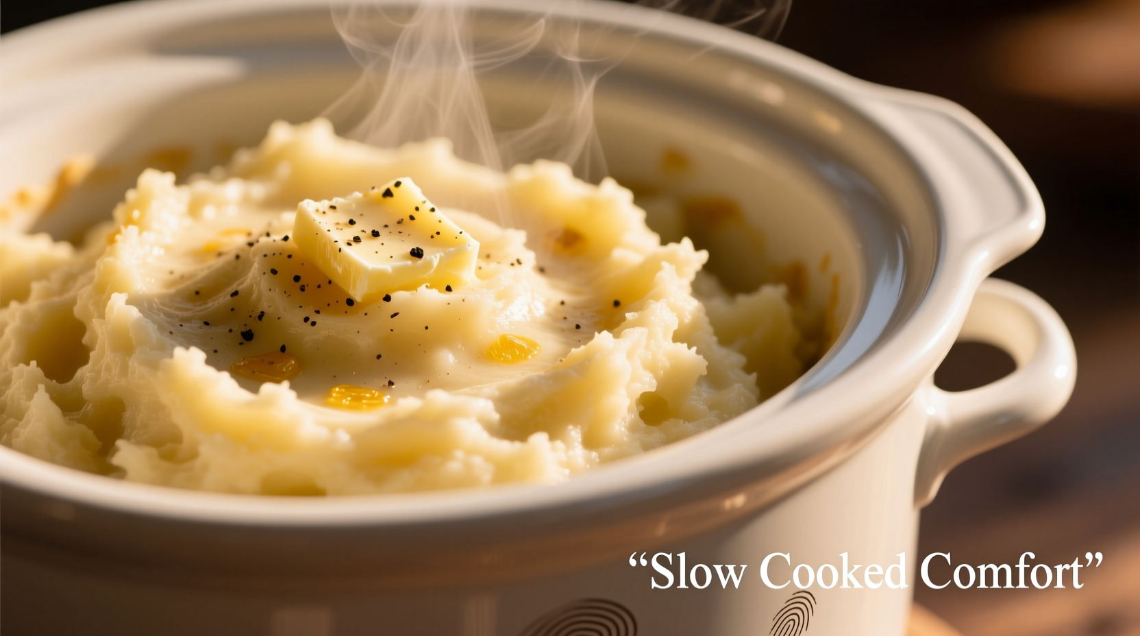 Slow cooker filled with creamy mashed potatoes