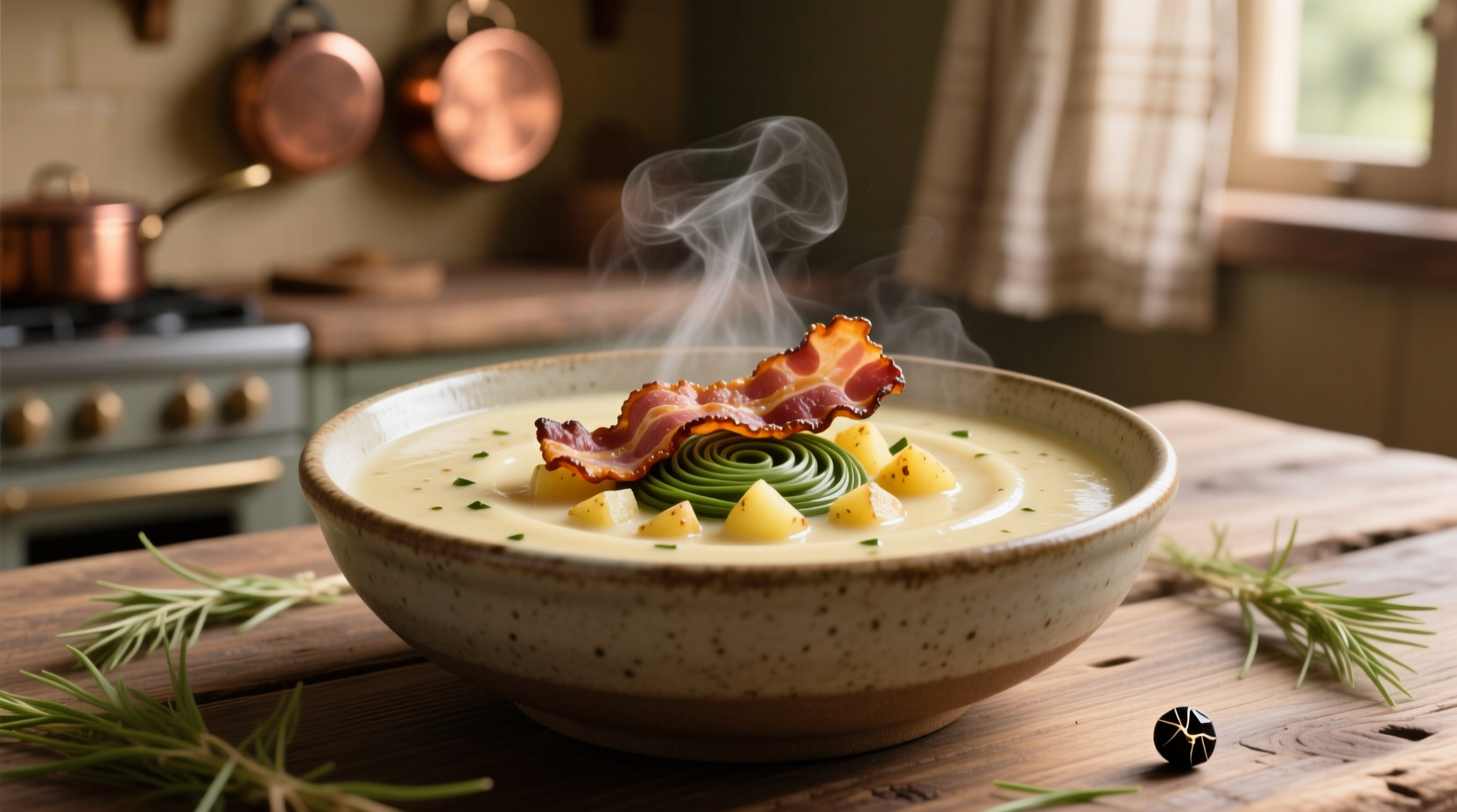 Creamy saltgrass potato soup in bowl with bacon garnish