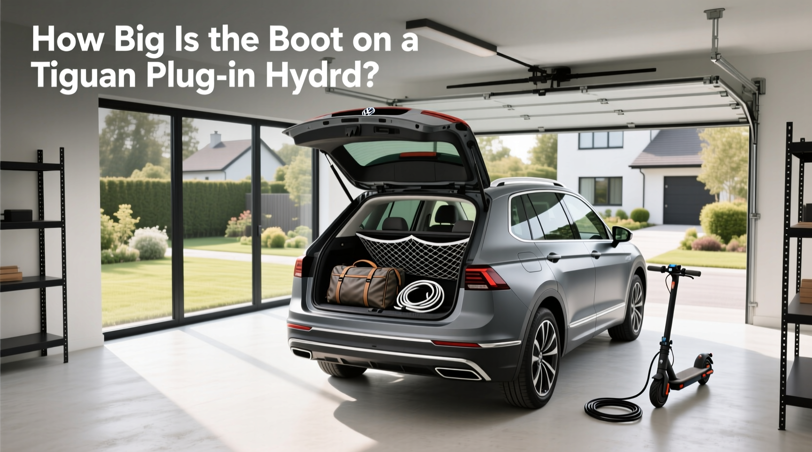 Rear view of VW Tiguan plug-in hybrid showing boot space with battery impact