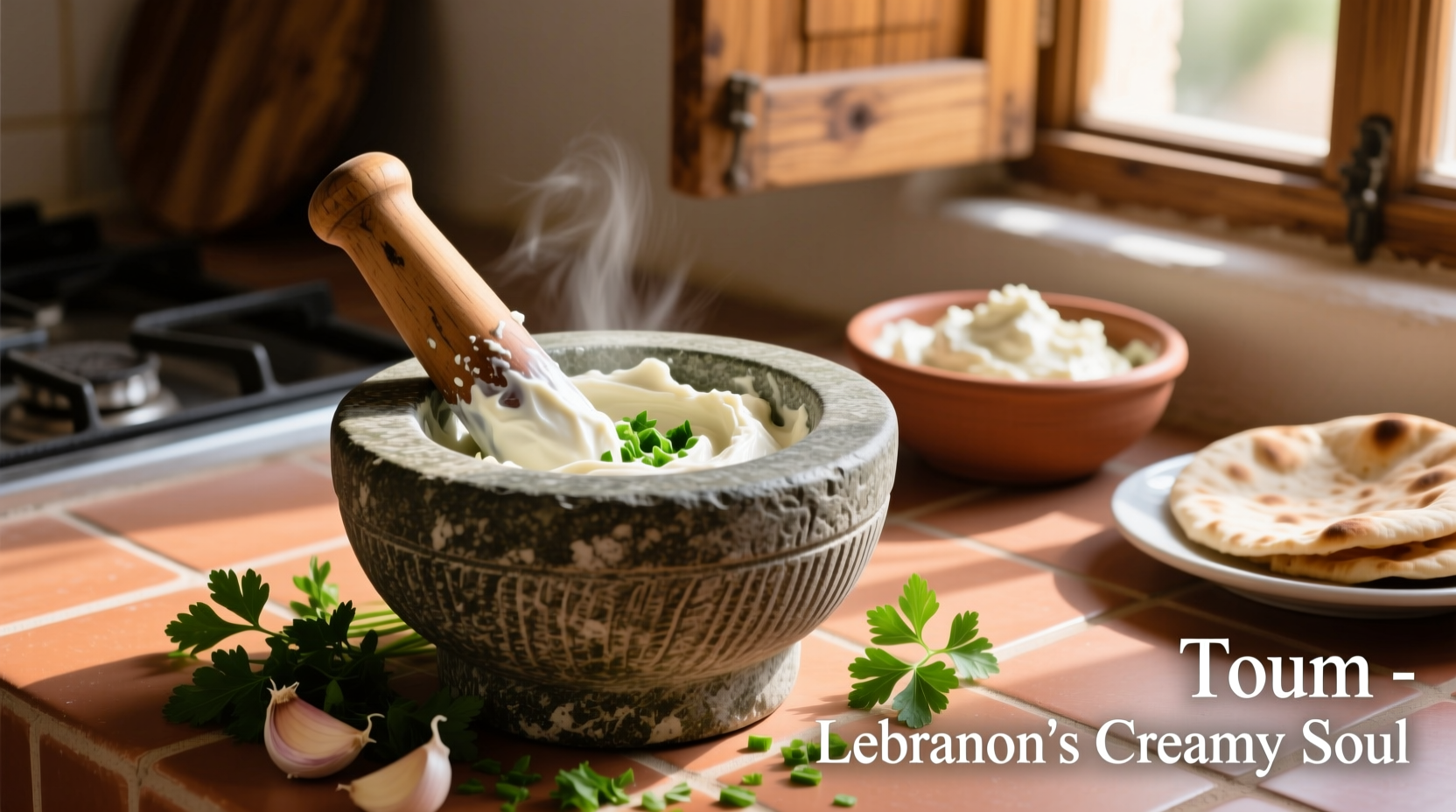 Lebanese garlic toum in traditional stone mortar
