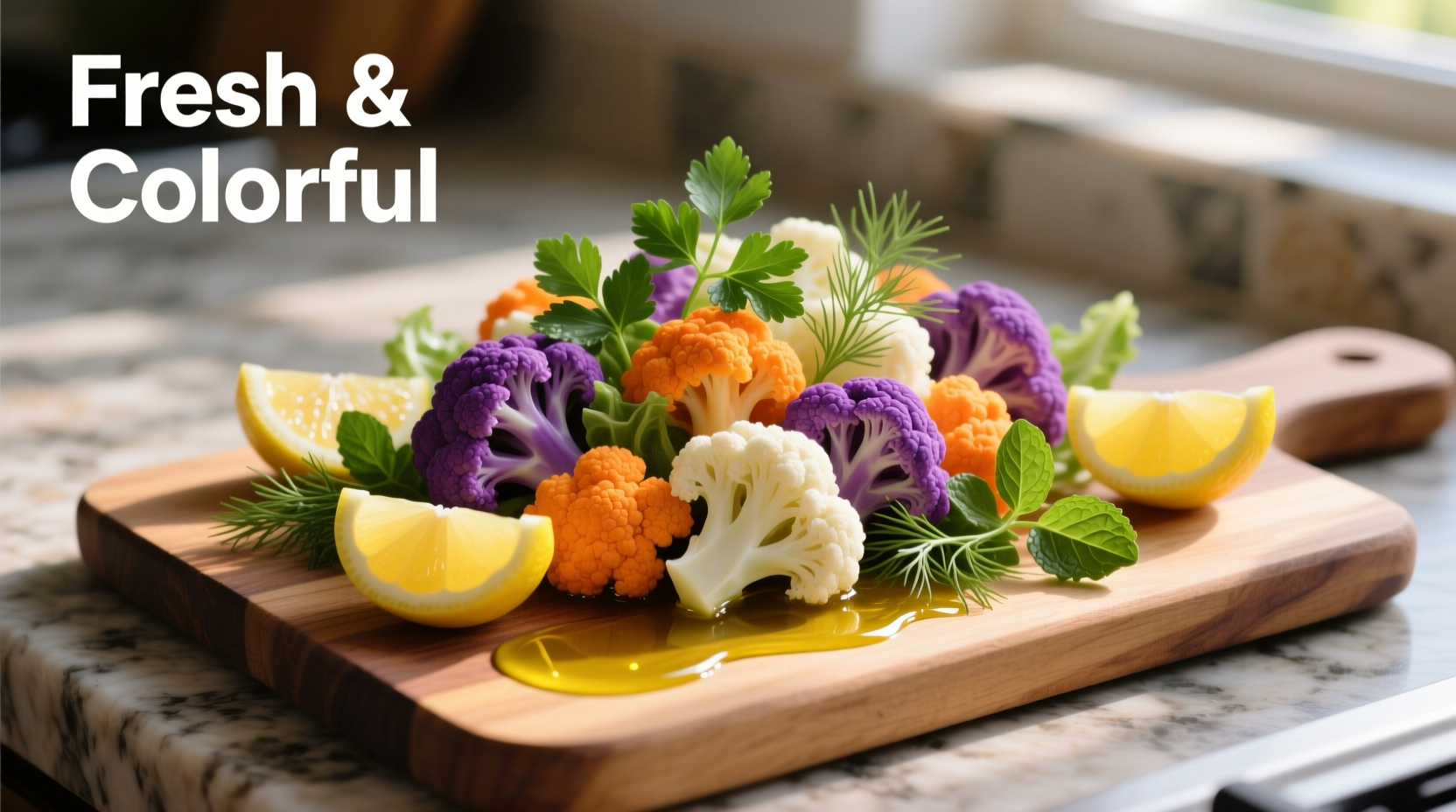 Colorful cauliflower salad with fresh herbs and lemon wedges