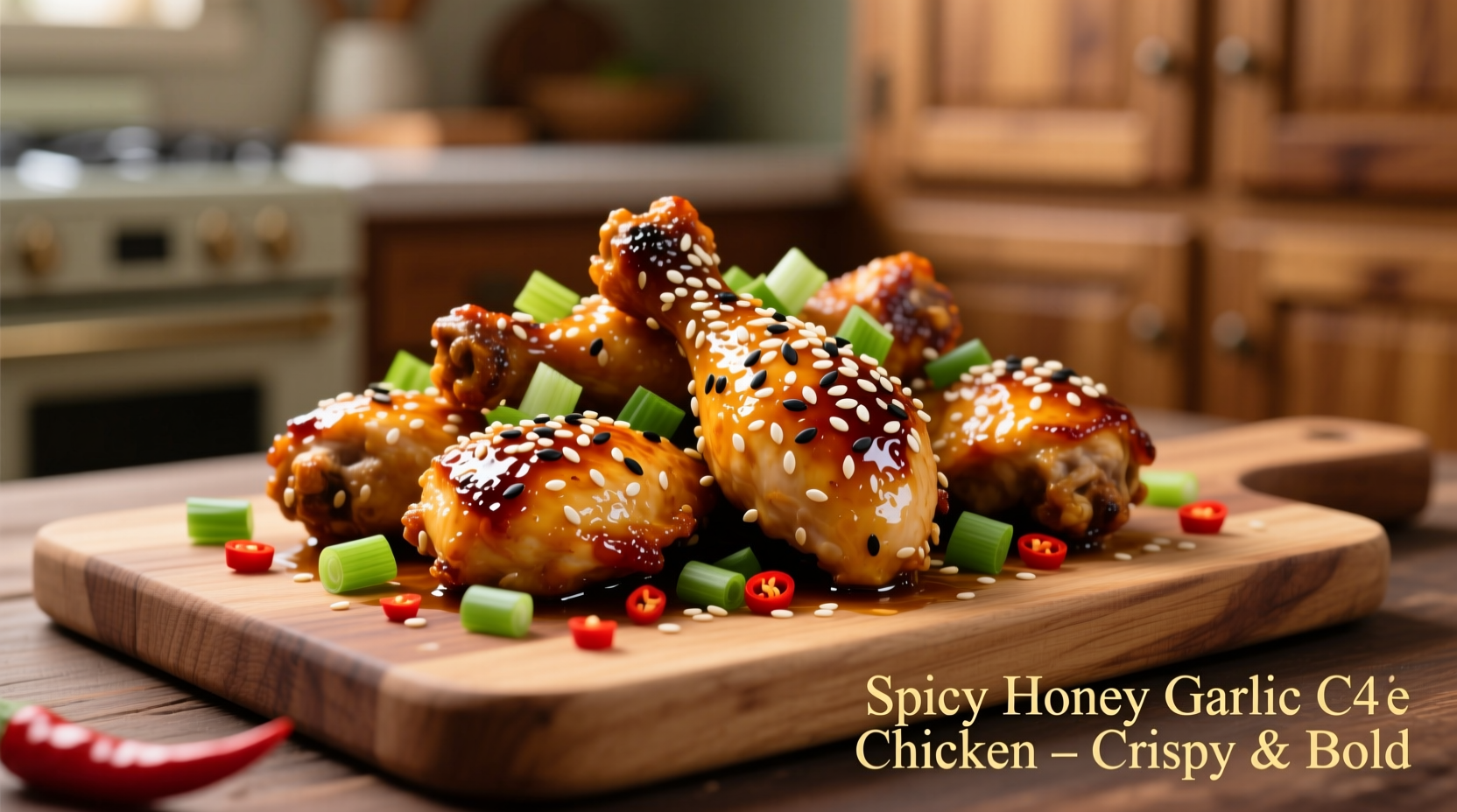 Crispy spicy honey garlic chicken with sesame seeds