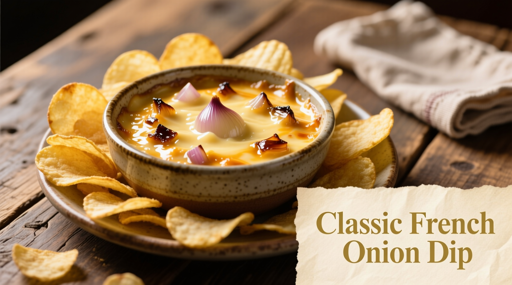 Golden French onion dip in ceramic bowl with chips