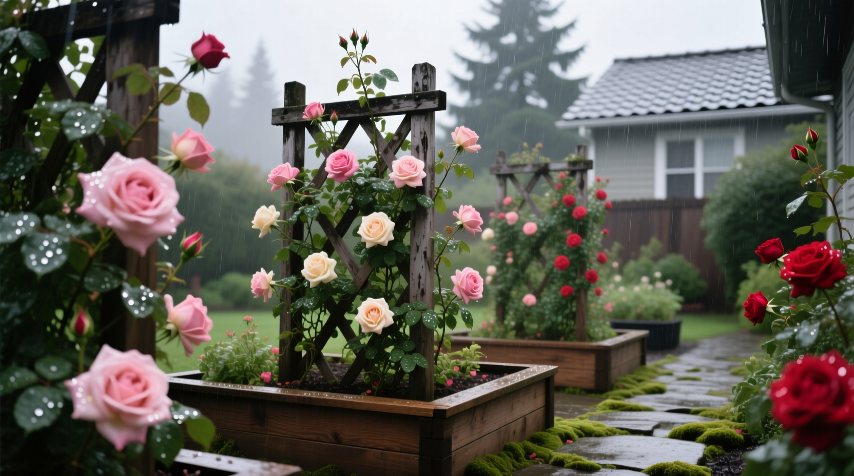 Compact rose garden in Portland backyard with raised beds and trellised climbers