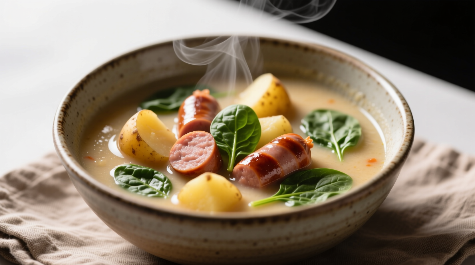 Close-up of sausage potato soup with visible spinach leaves and potato chunks in a rustic bowl