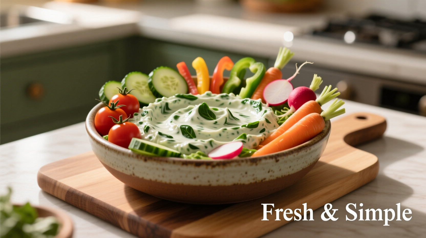 Creamy spinach dip in serving bowl with vegetables