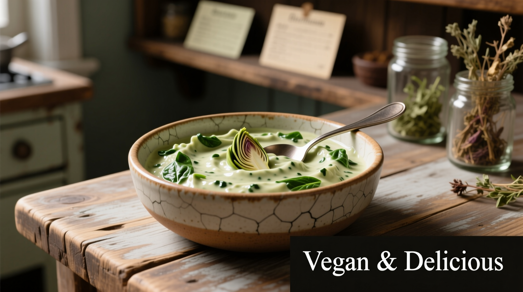 Creamy vegan spinach artichoke dip in ceramic bowl