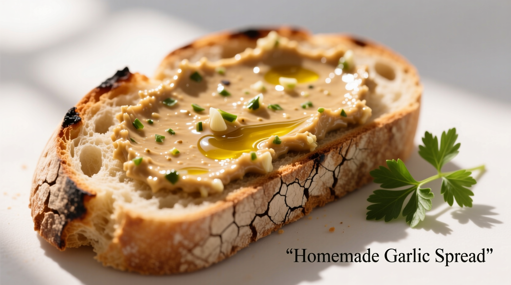 Homemade garlic spread on crusty bread