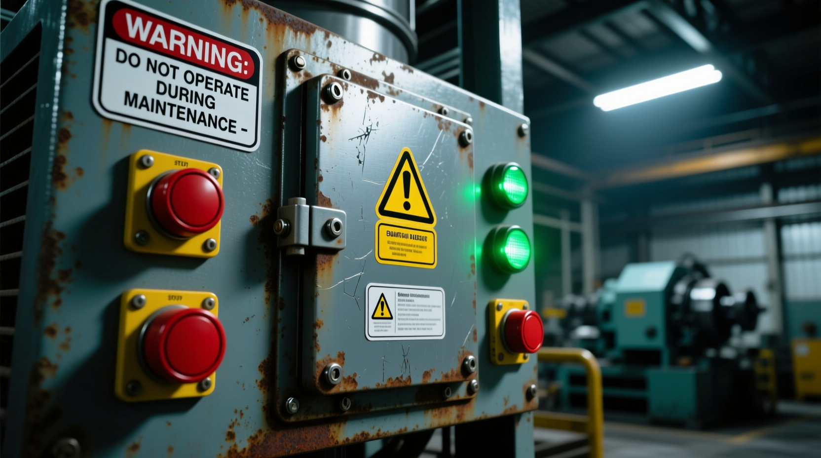 Close-up of dust collector maintenance points with safety indicators