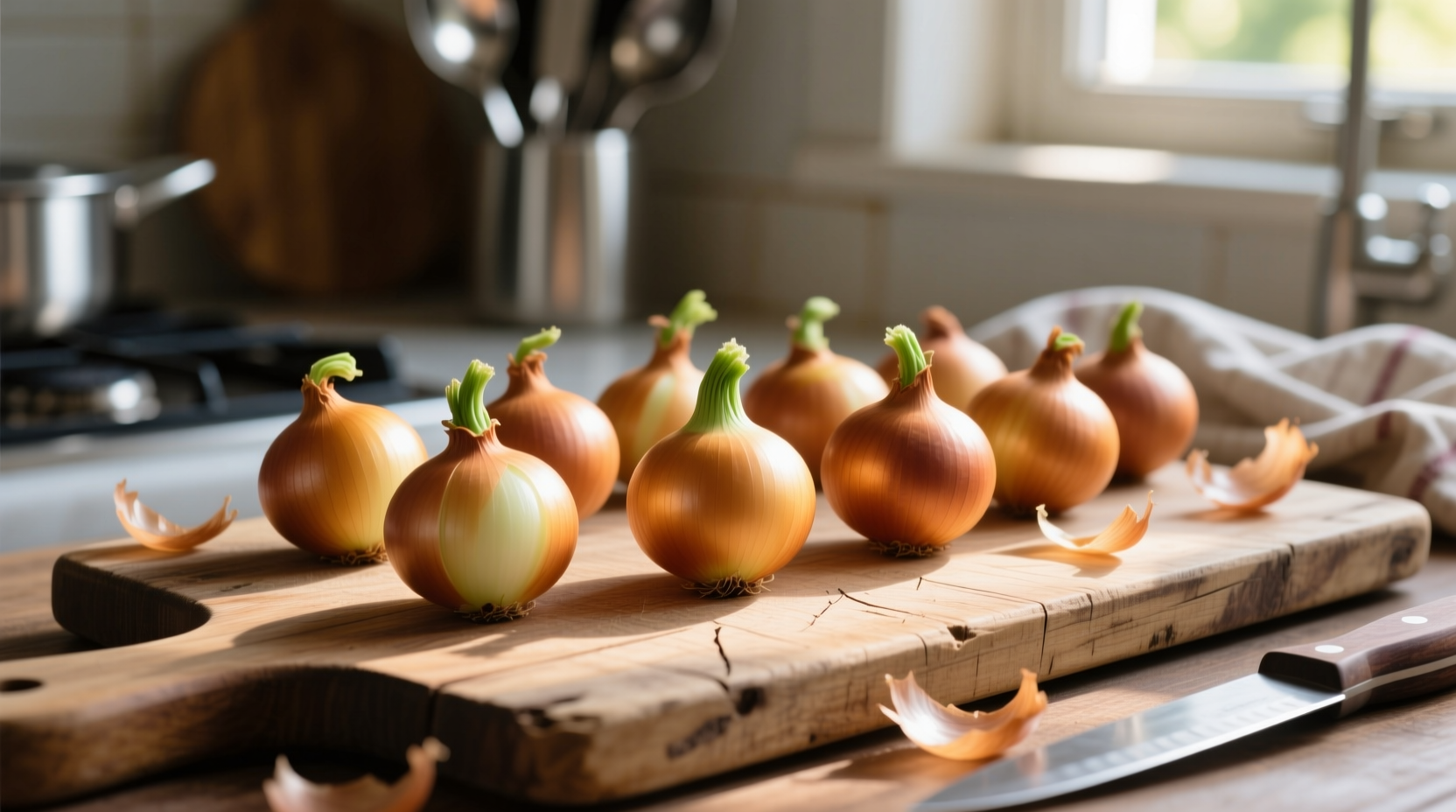 Fresh cipollini onions arranged on wooden cutting board