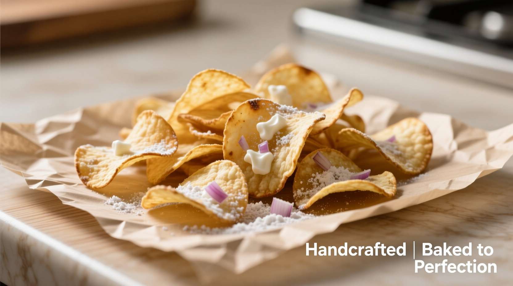 Homemade baked sour cream and onion chips on parchment paper