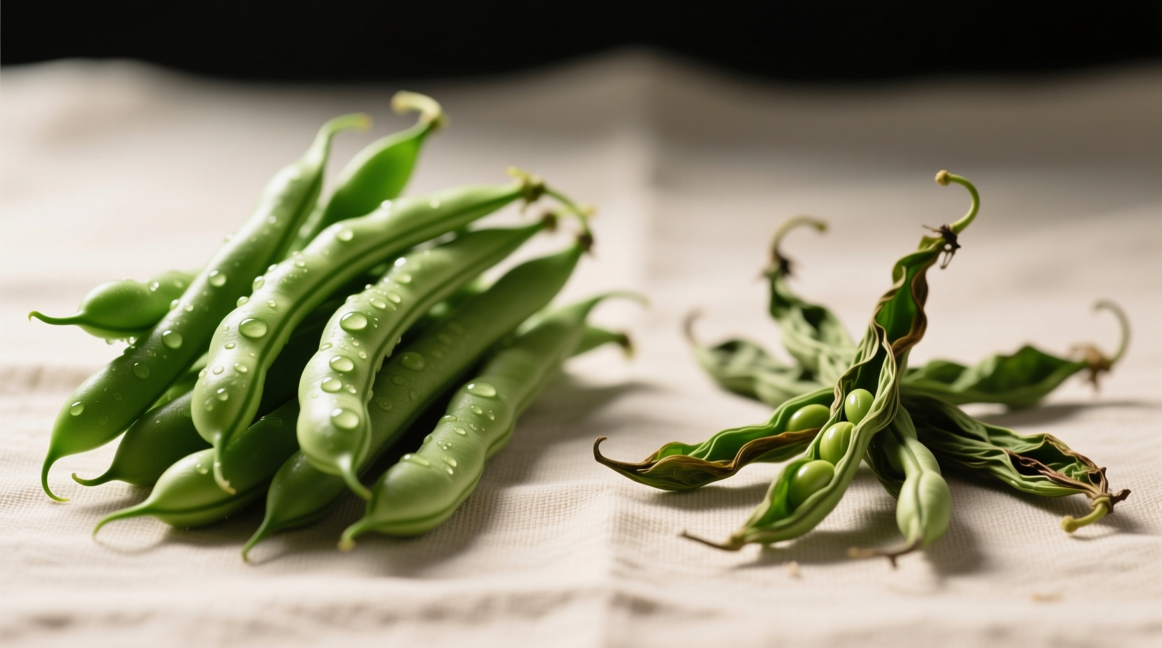 Side-by-side comparison of fresh crisp green beans versus wilted specimens showing ideal selection