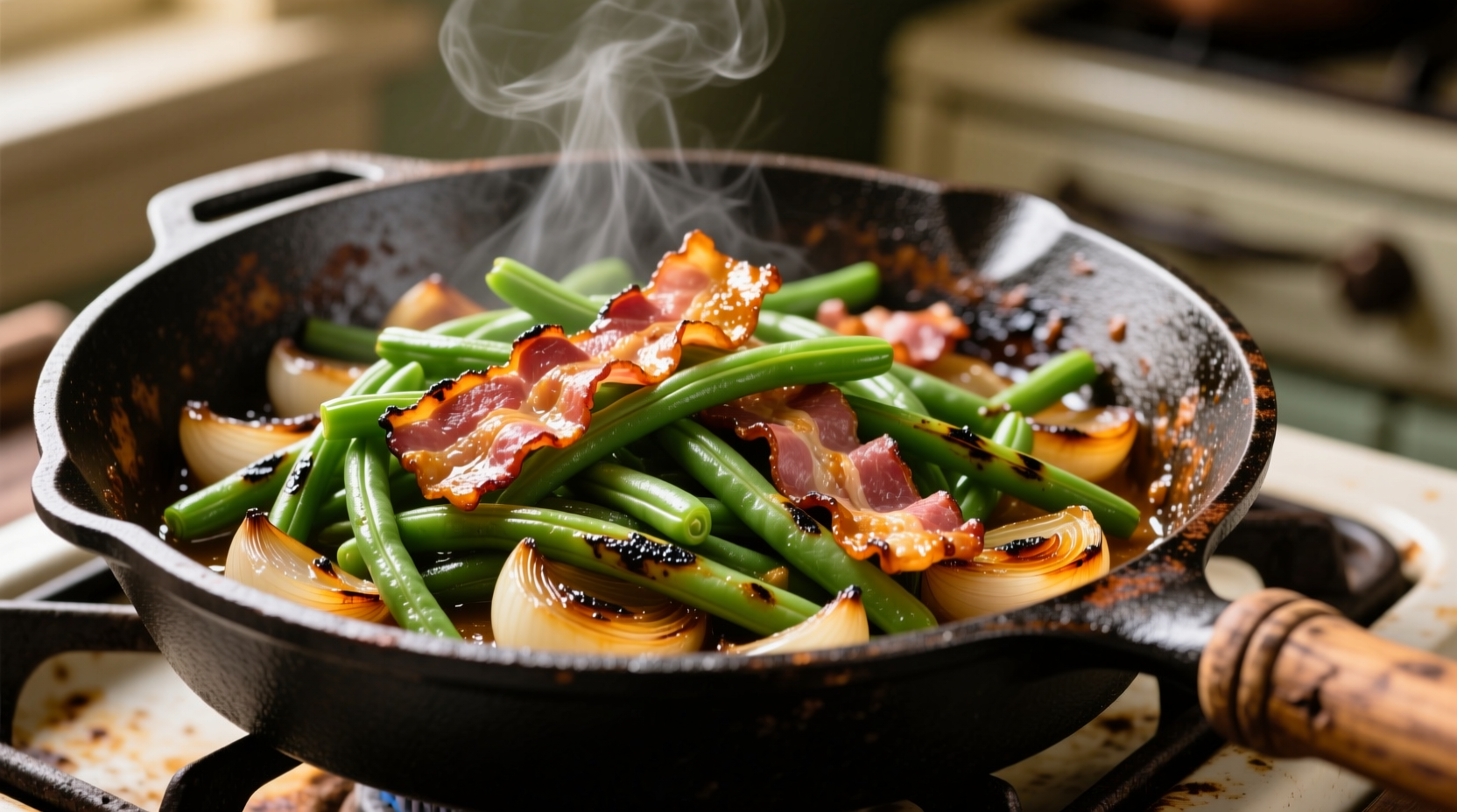 Old fashioned green beans with bacon and onion in cast iron skillet