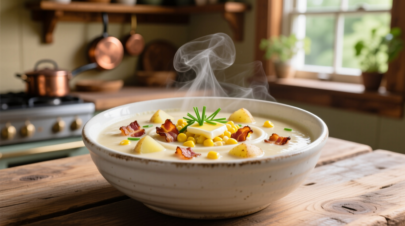 Creamy bacon potato corn chowder in white bowl