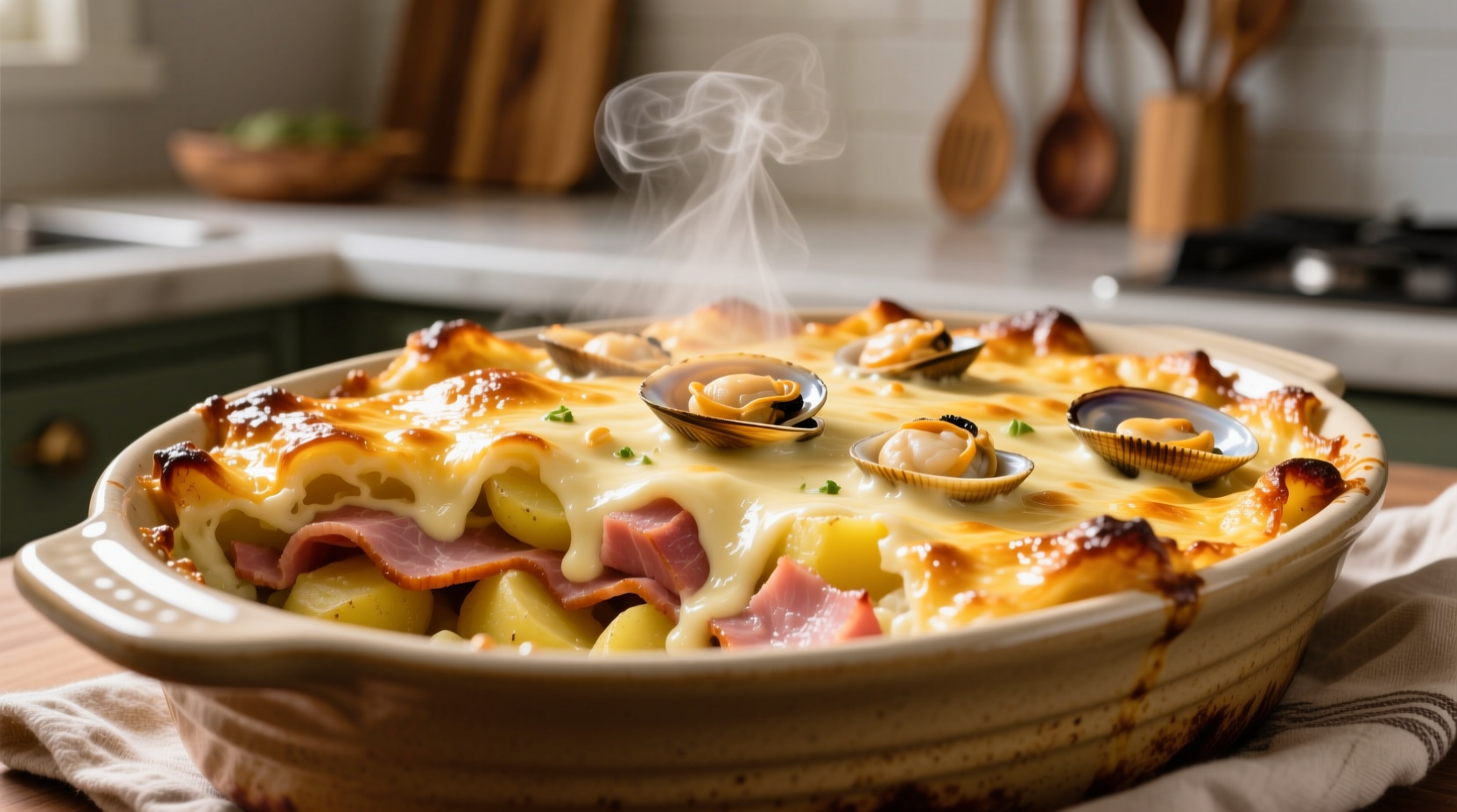 Golden baked ham and potato scallop casserole