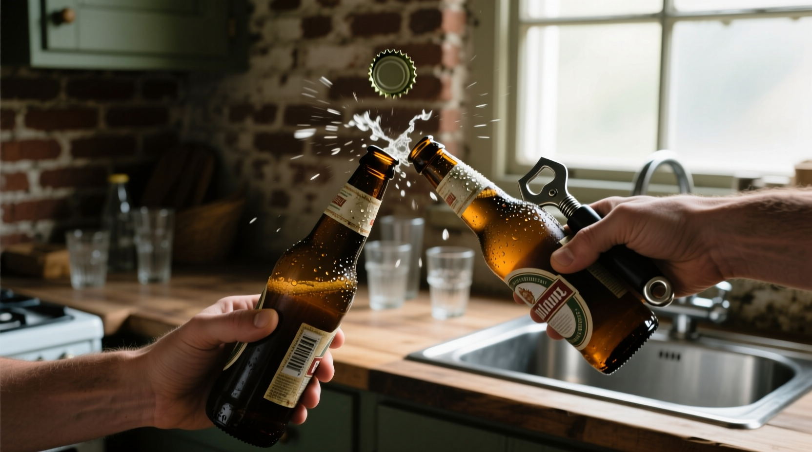 open a beer bottle with another beer bottle