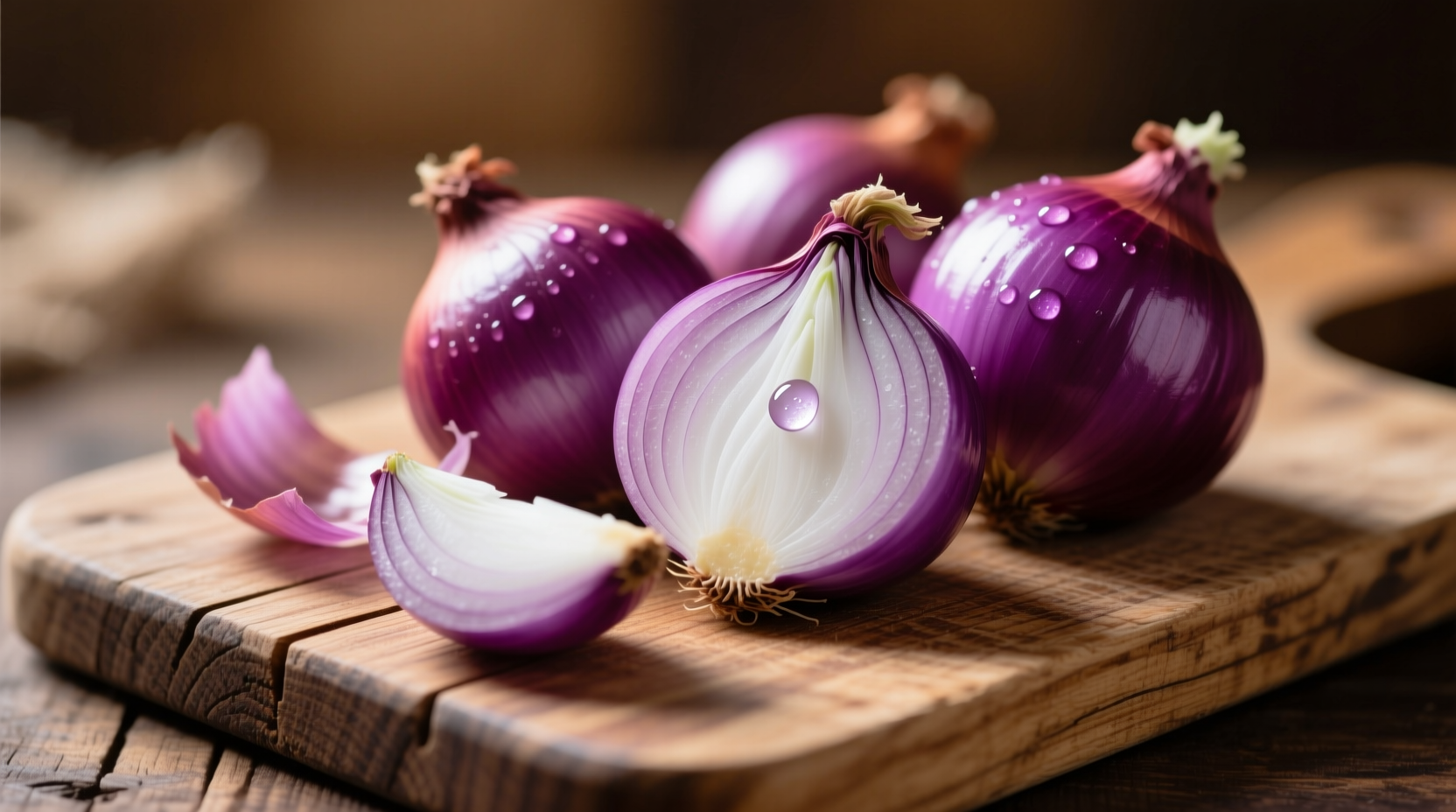 Fresh tim onions with purple skin on wooden cutting board