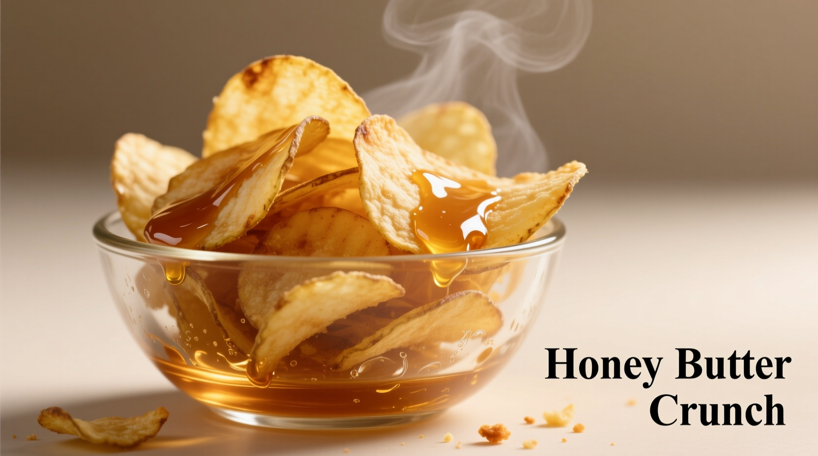 Golden honey butter potato chips in a glass bowl