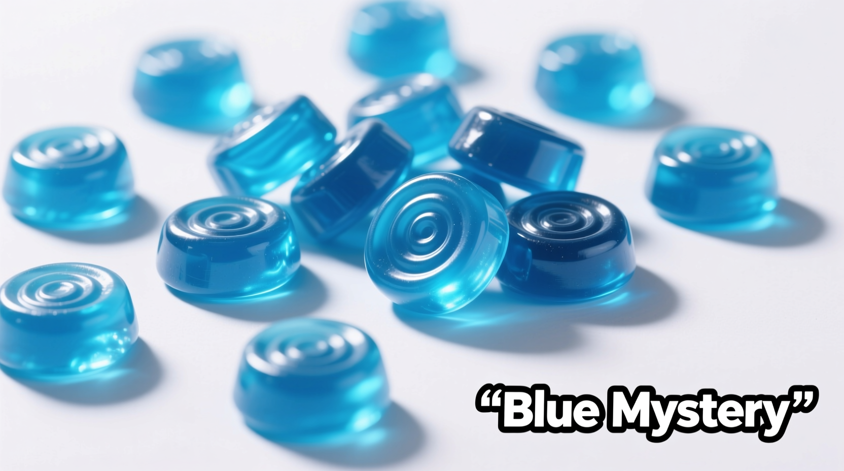 Blue Mystery Flavor Airheads candy pieces arranged on white background