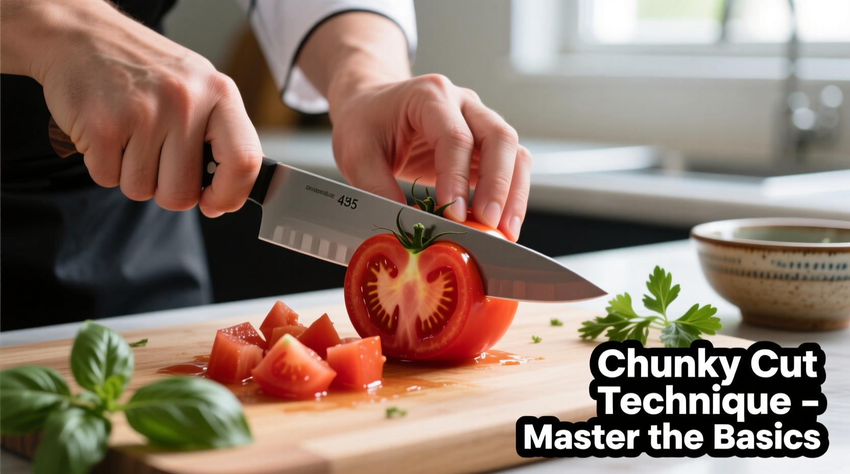 Chef's hands demonstrating proper chunky tomato cutting technique