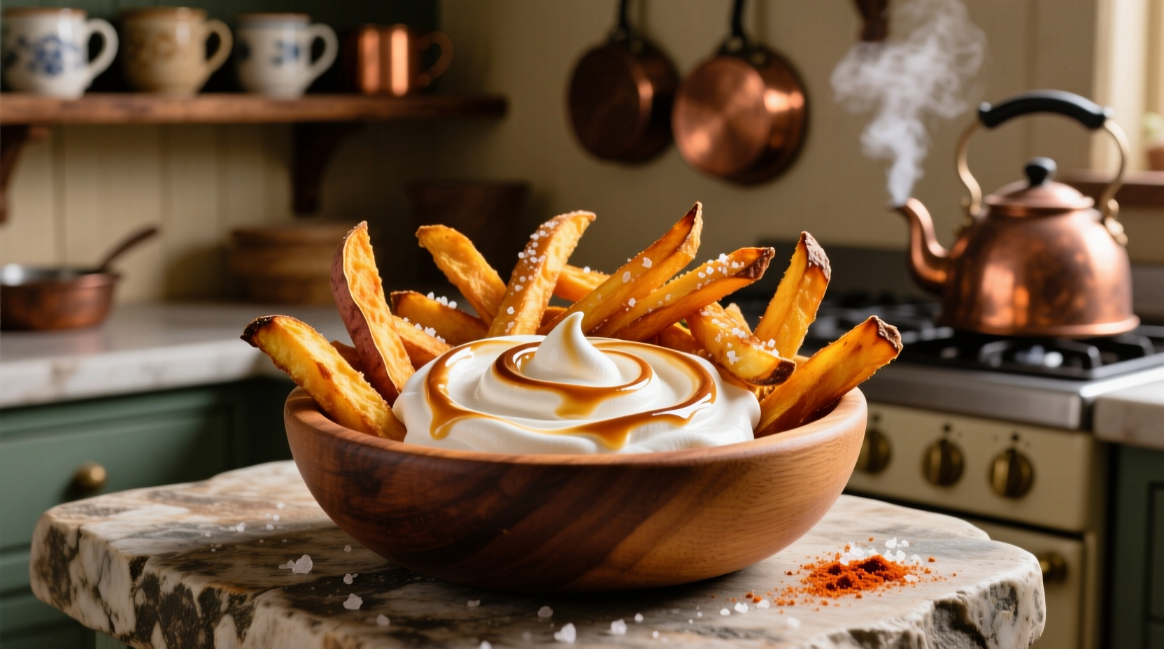 Creamy marshmallow dip served with golden sweet potato fries