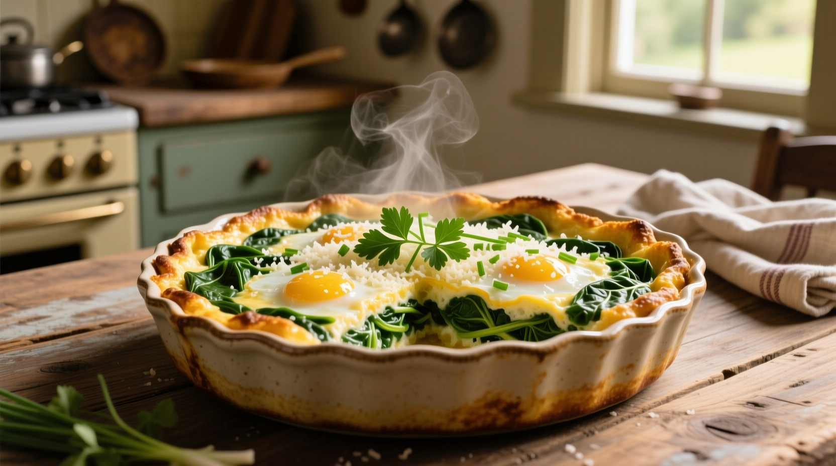 Golden spinach egg casserole fresh from oven