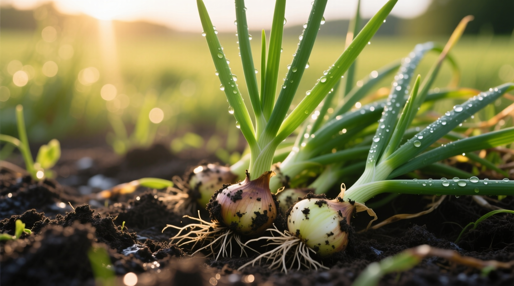 Freshly harvested wild onions with green shoots and bulbs
