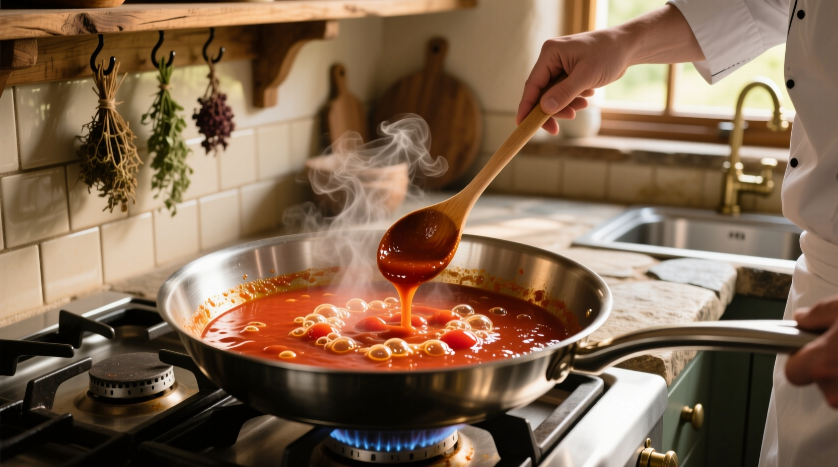 Chef reducing tomato sauce in stainless steel pan