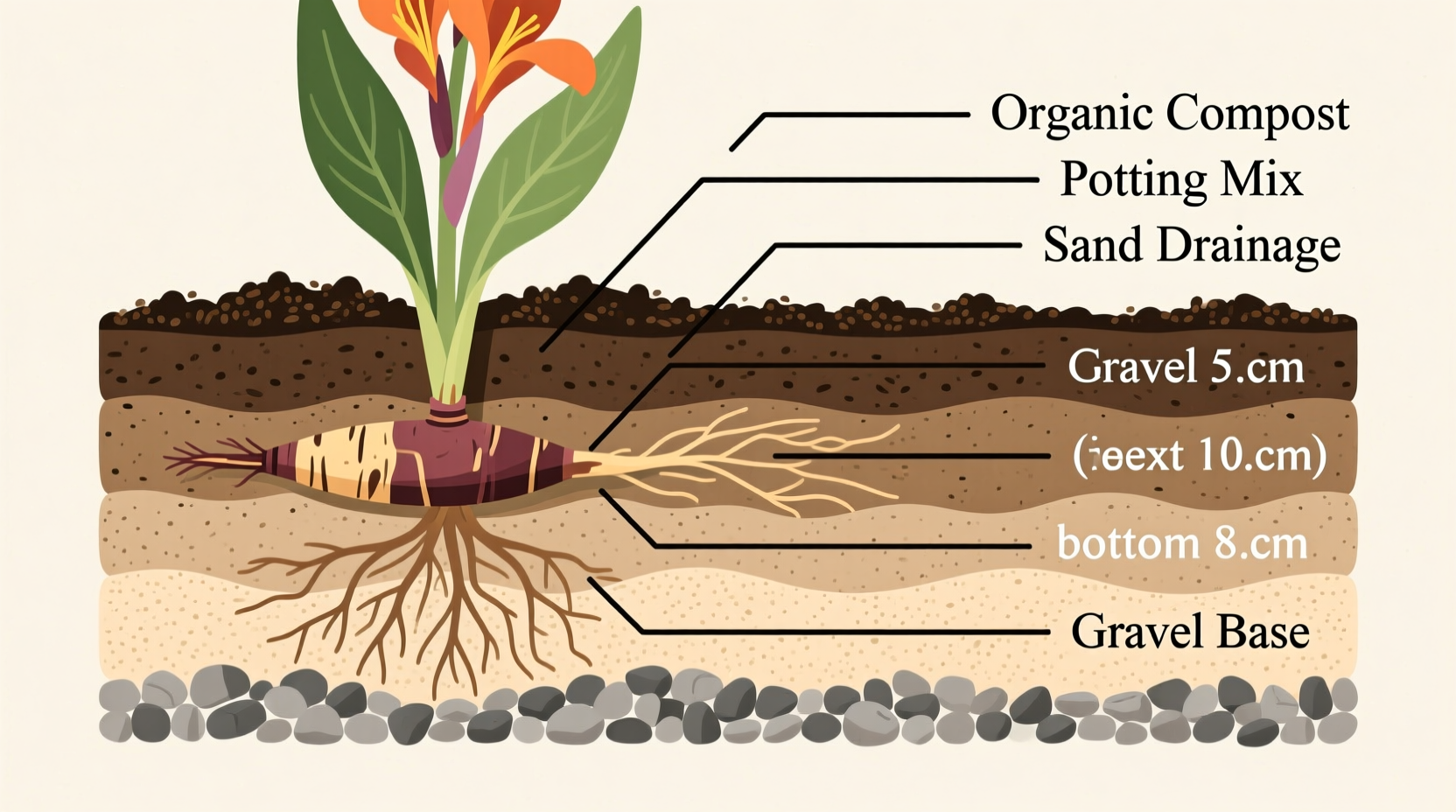Soil layering diagram for canna lily planting