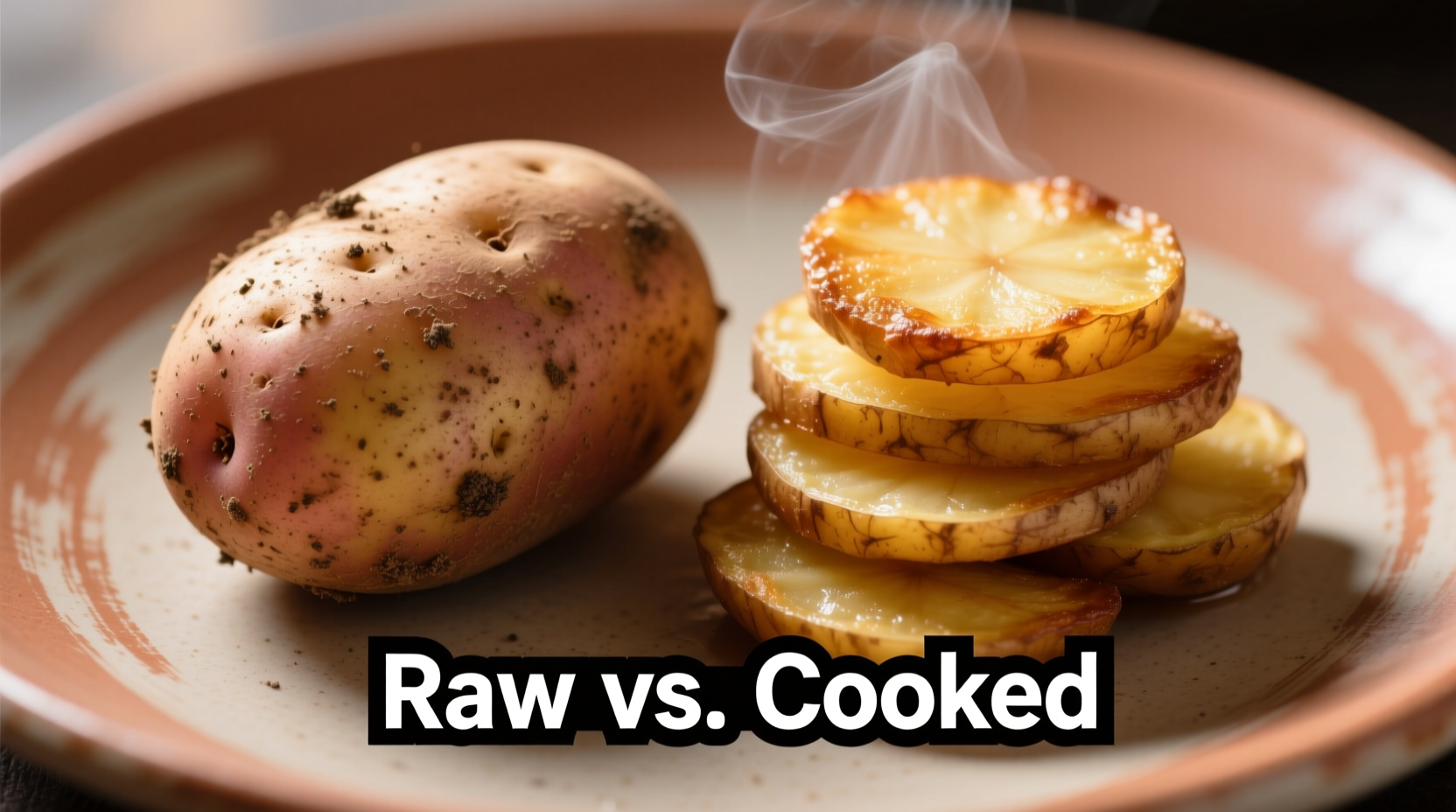 Raw potato next to cooked potato slices comparison