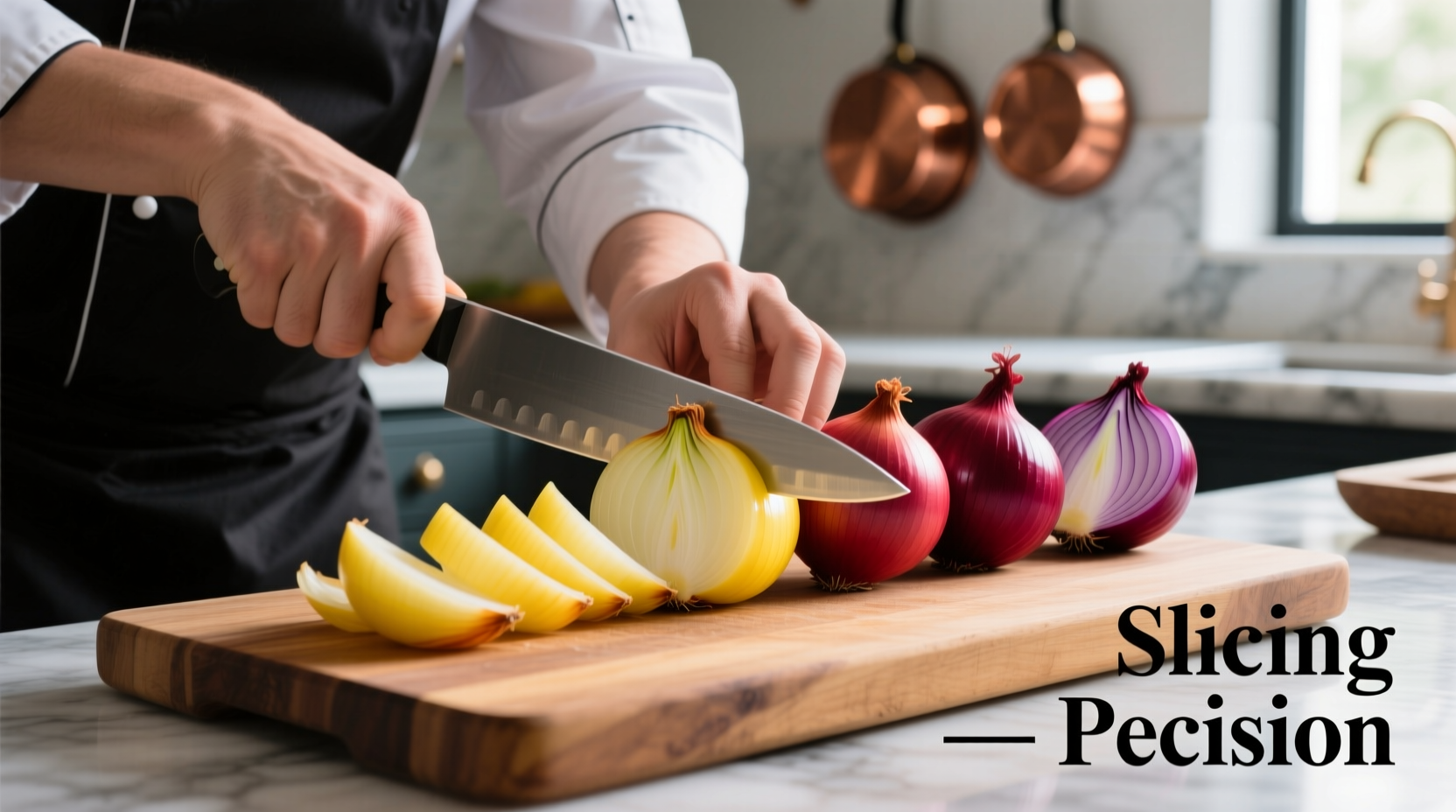 Chef slicing yellow and red onions side by side