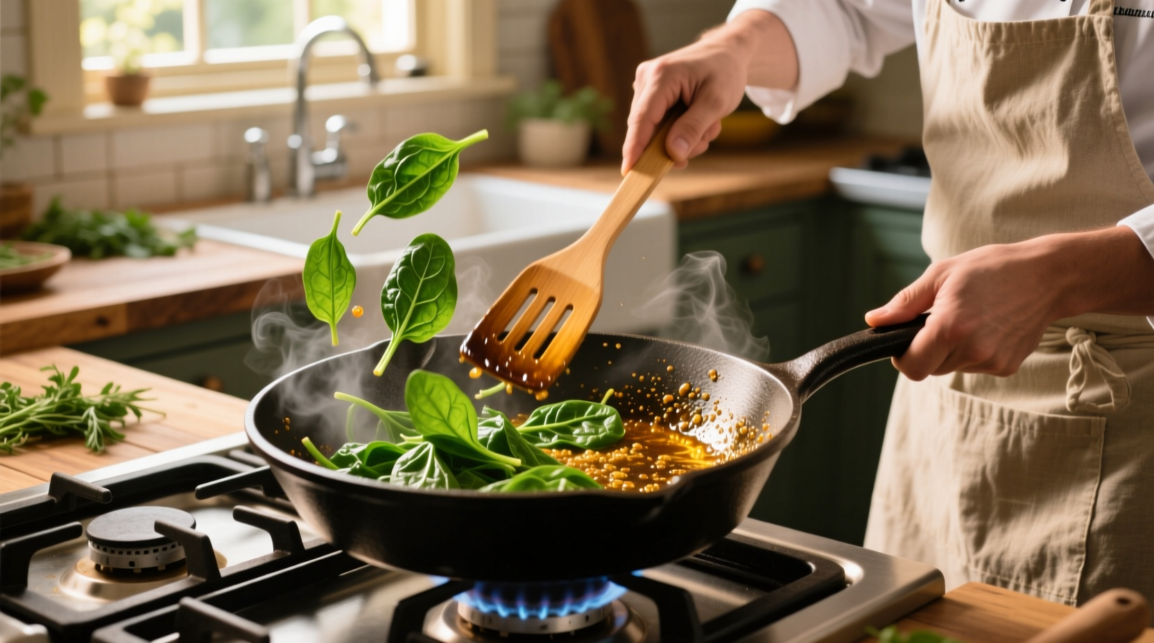 Chef sautéing fresh spinach in cast iron skillet