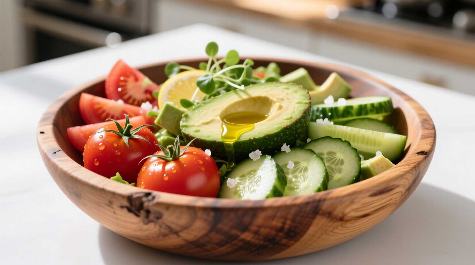 Fresh tomato cucumber avocado salad in wooden bowl