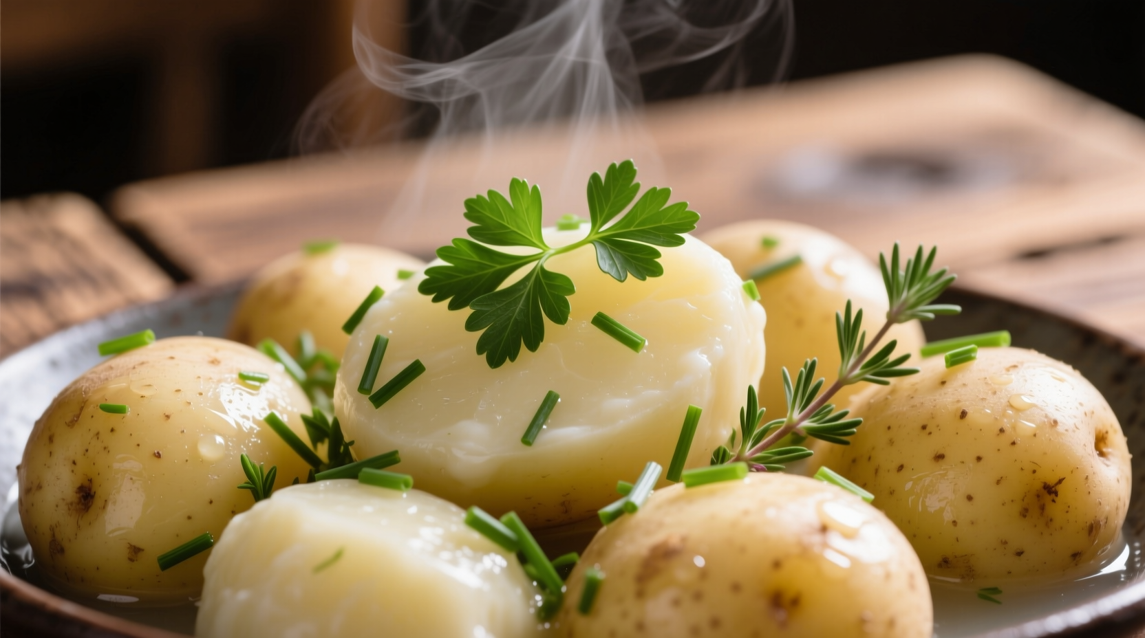 Close-up of boiled potatoes with herbs