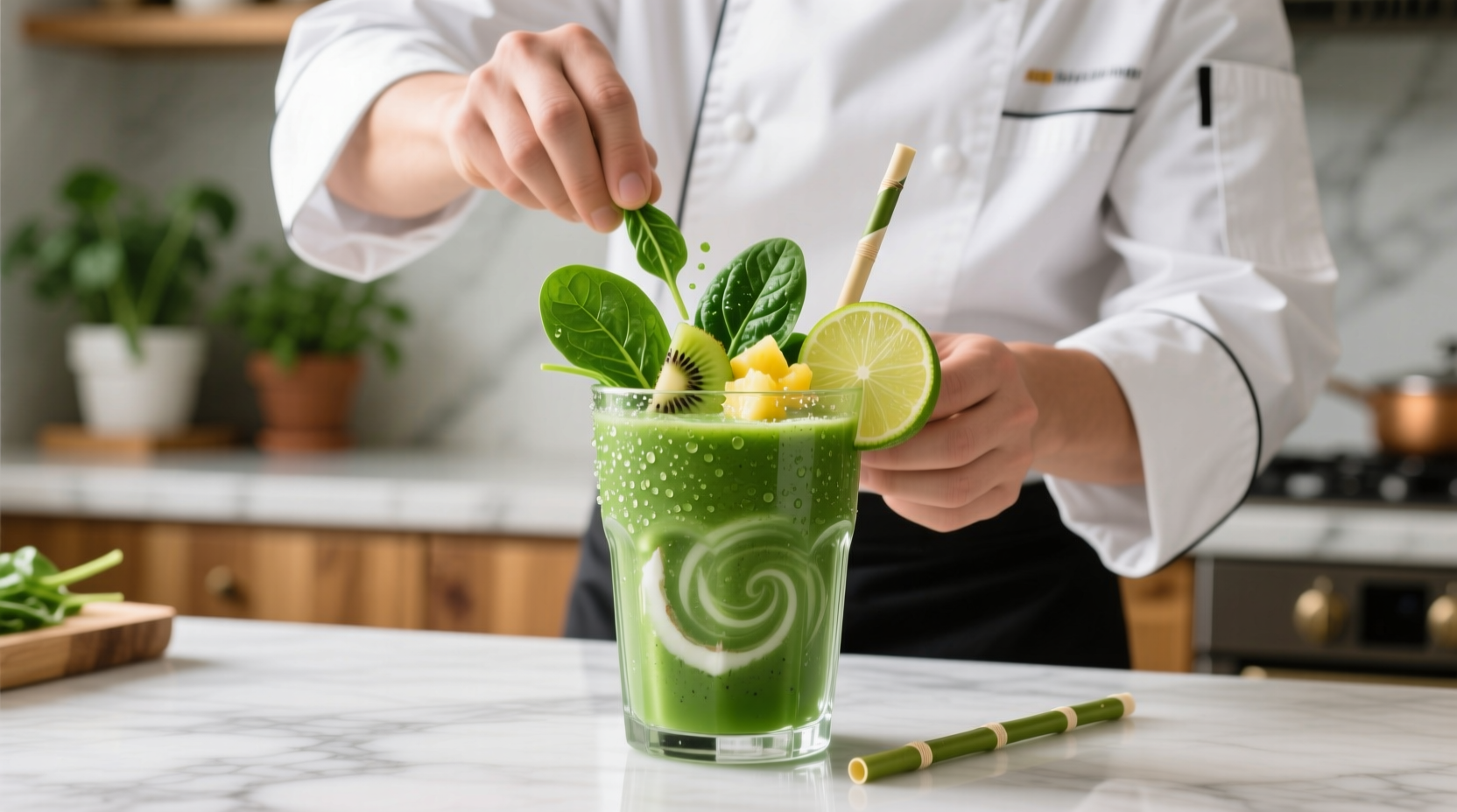 Chef preparing vibrant green spinach smoothie in glass