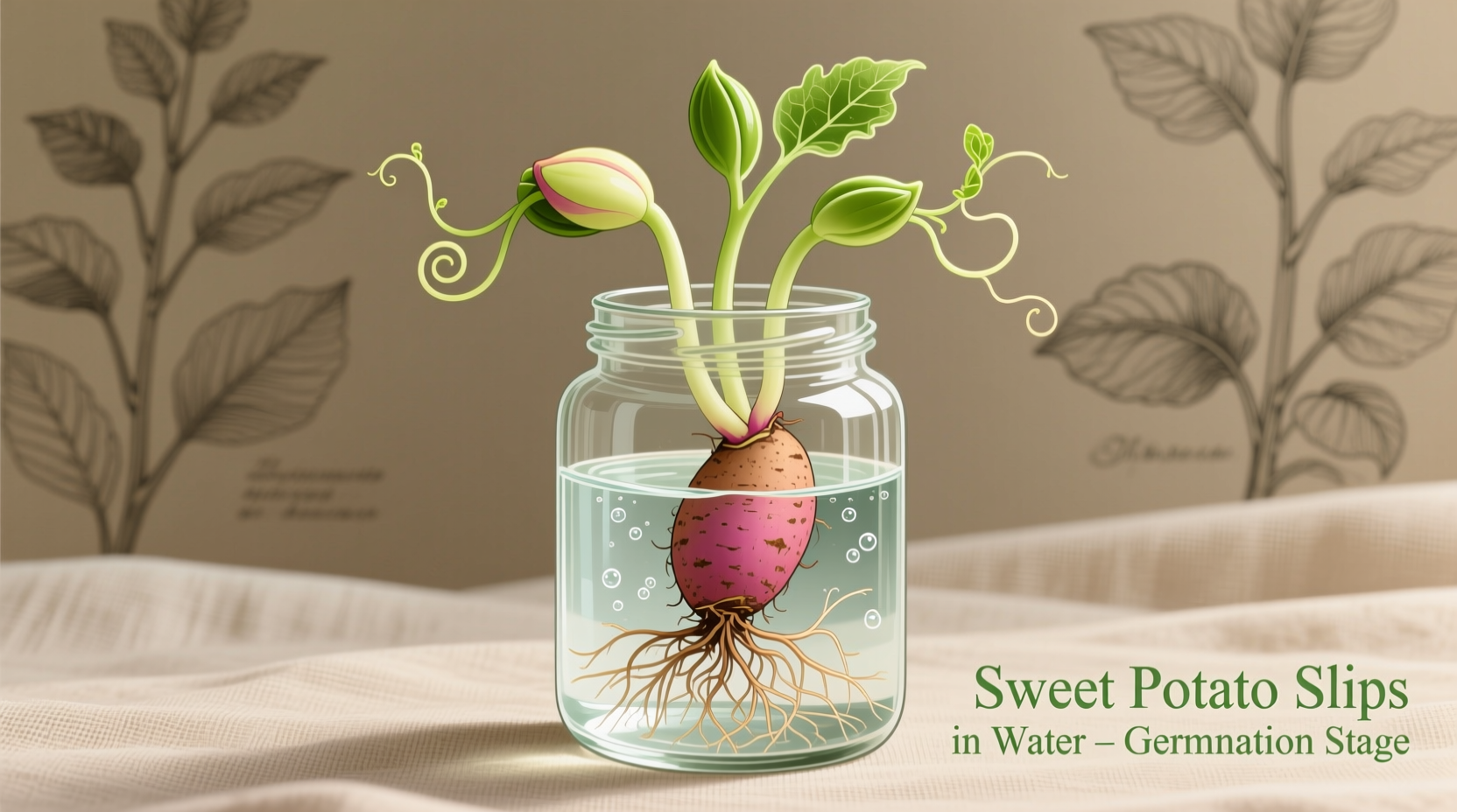 Sweet potato slips growing in water jar