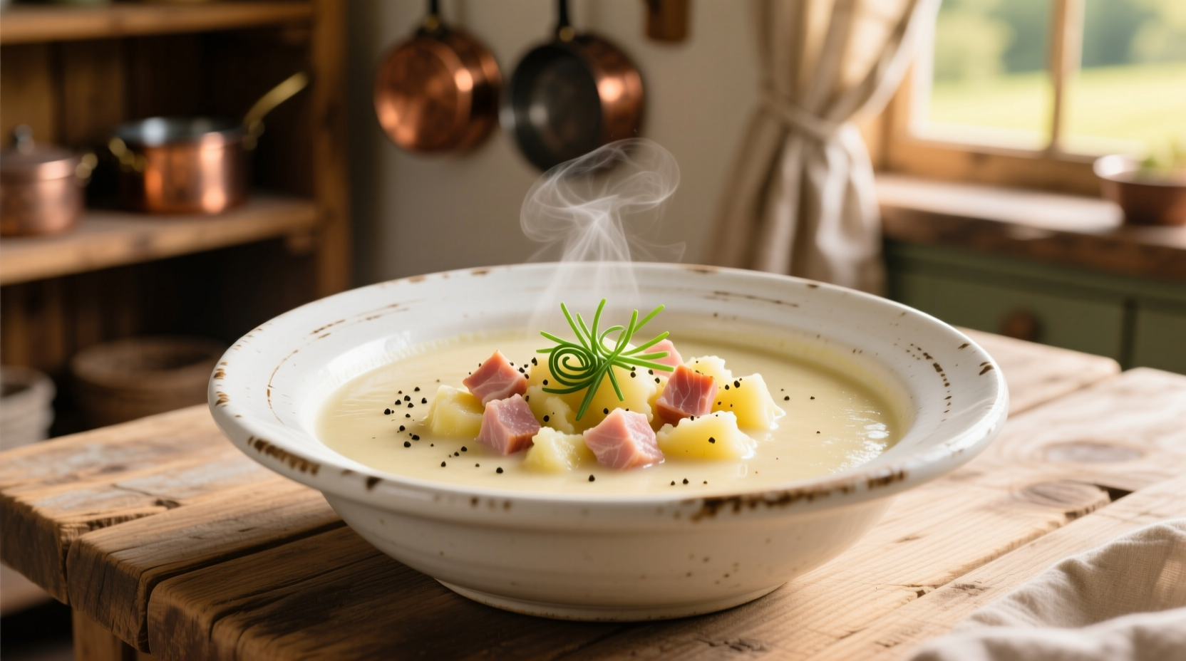 Creamy potato soup with ham in white bowl