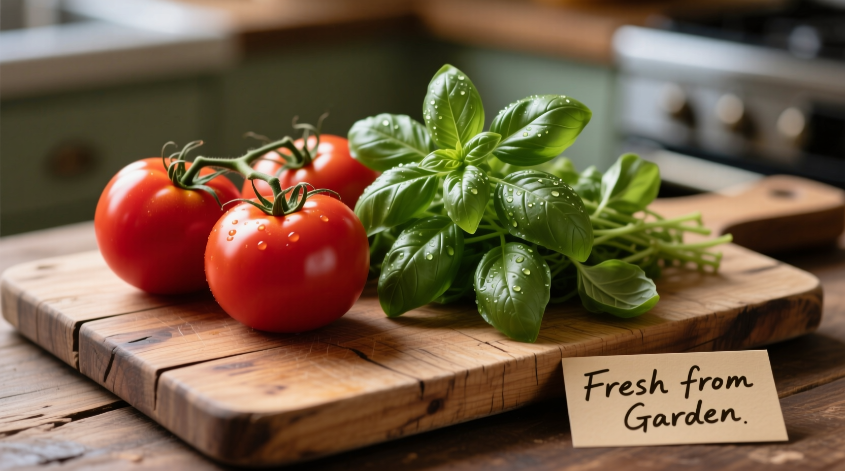Fresh tomatoes and basil on wooden cutting board