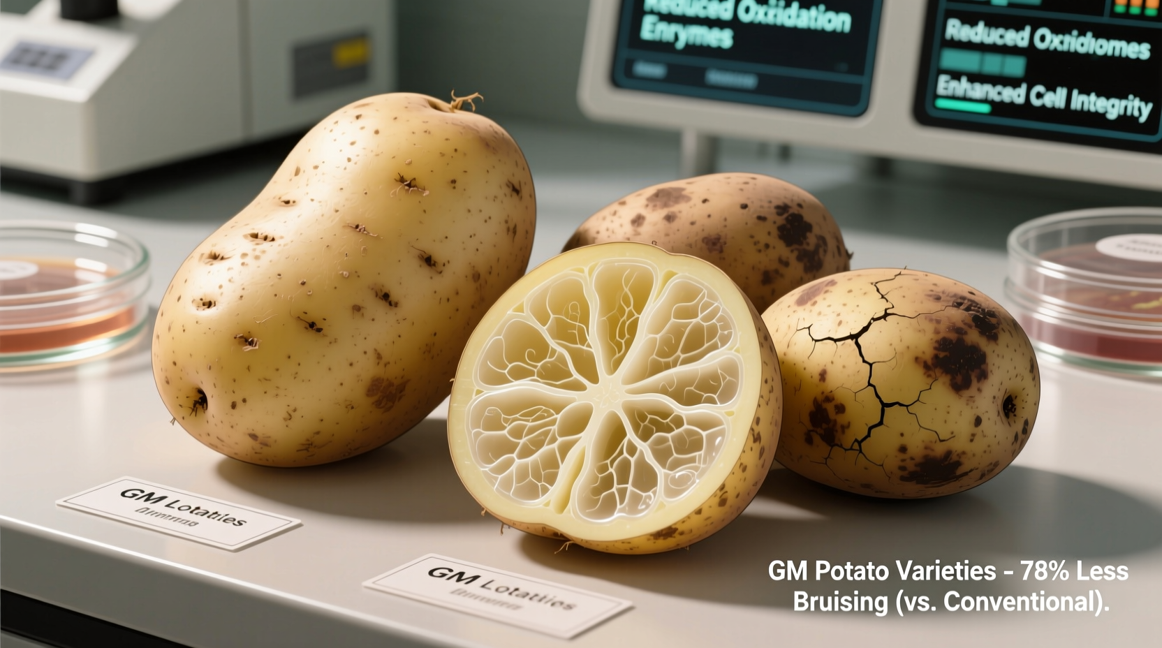 Genetically modified potato varieties showing reduced bruising compared to conventional potatoes