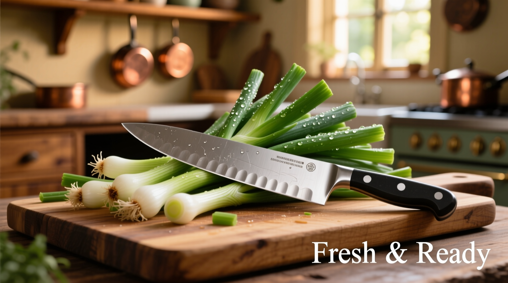 Fresh green onions on cutting board with chef's knife