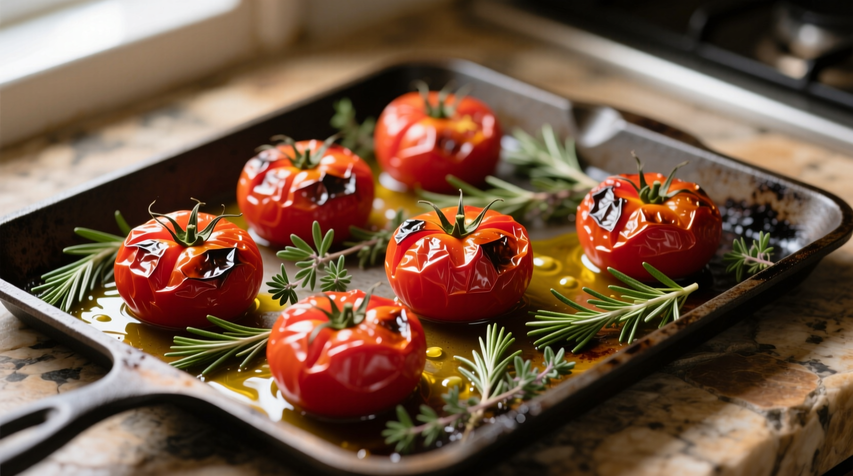 Oven-roasted tomatoes on baking sheet with herbs
