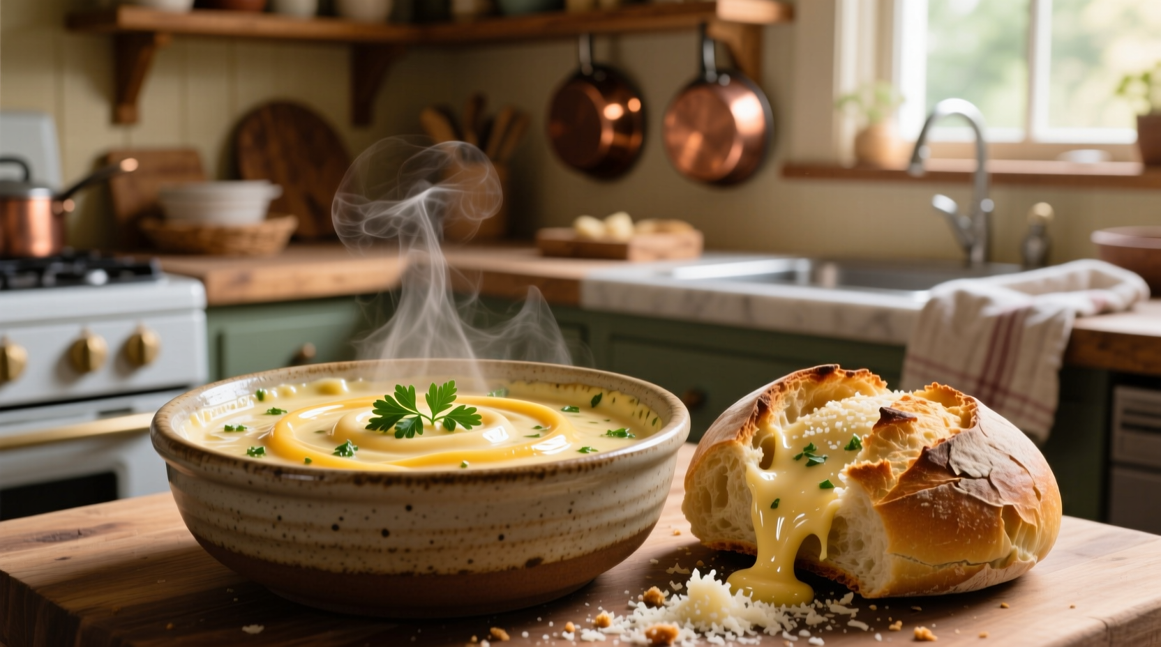 Homemade BWW garlic parmesan sauce in bowl with bread