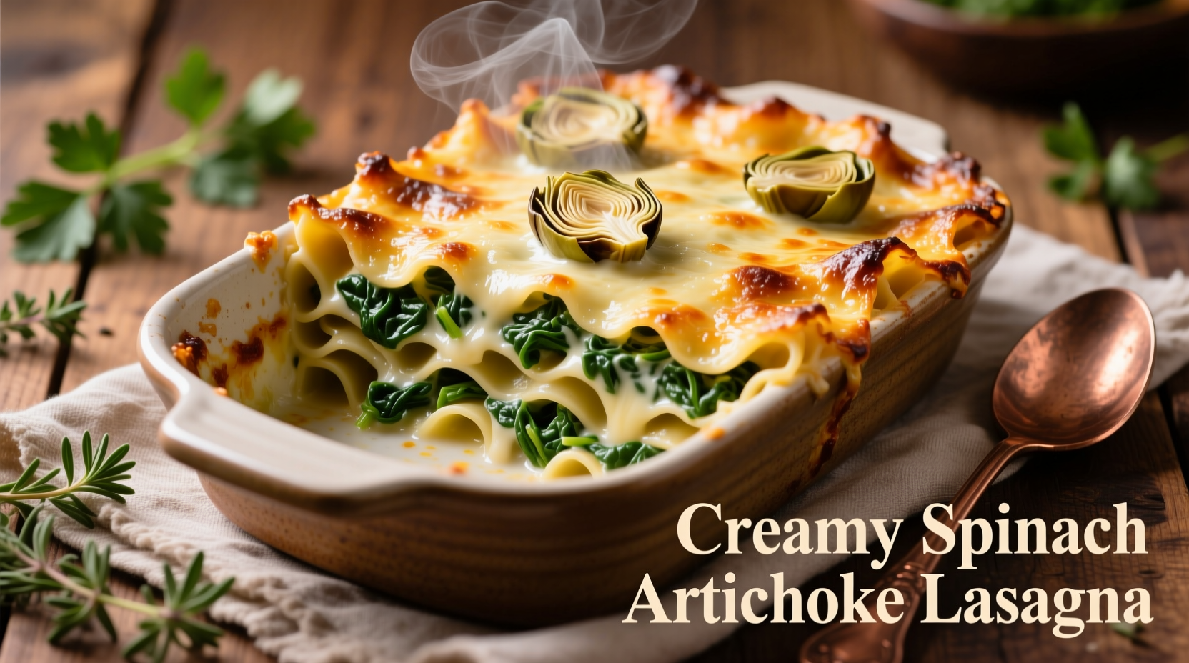 Creamy spinach artichoke lasagna baked to golden perfection