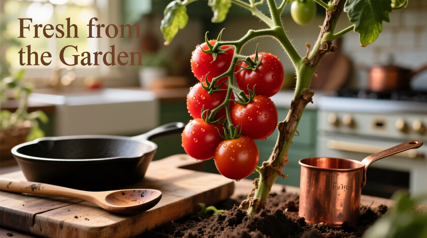 Roma tomatoes on vine with kitchen tools
