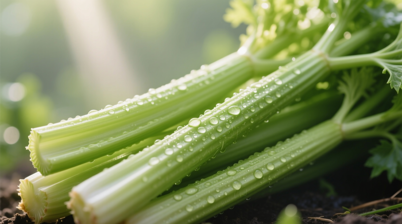 Fresh celery stalks with visible fiber strands