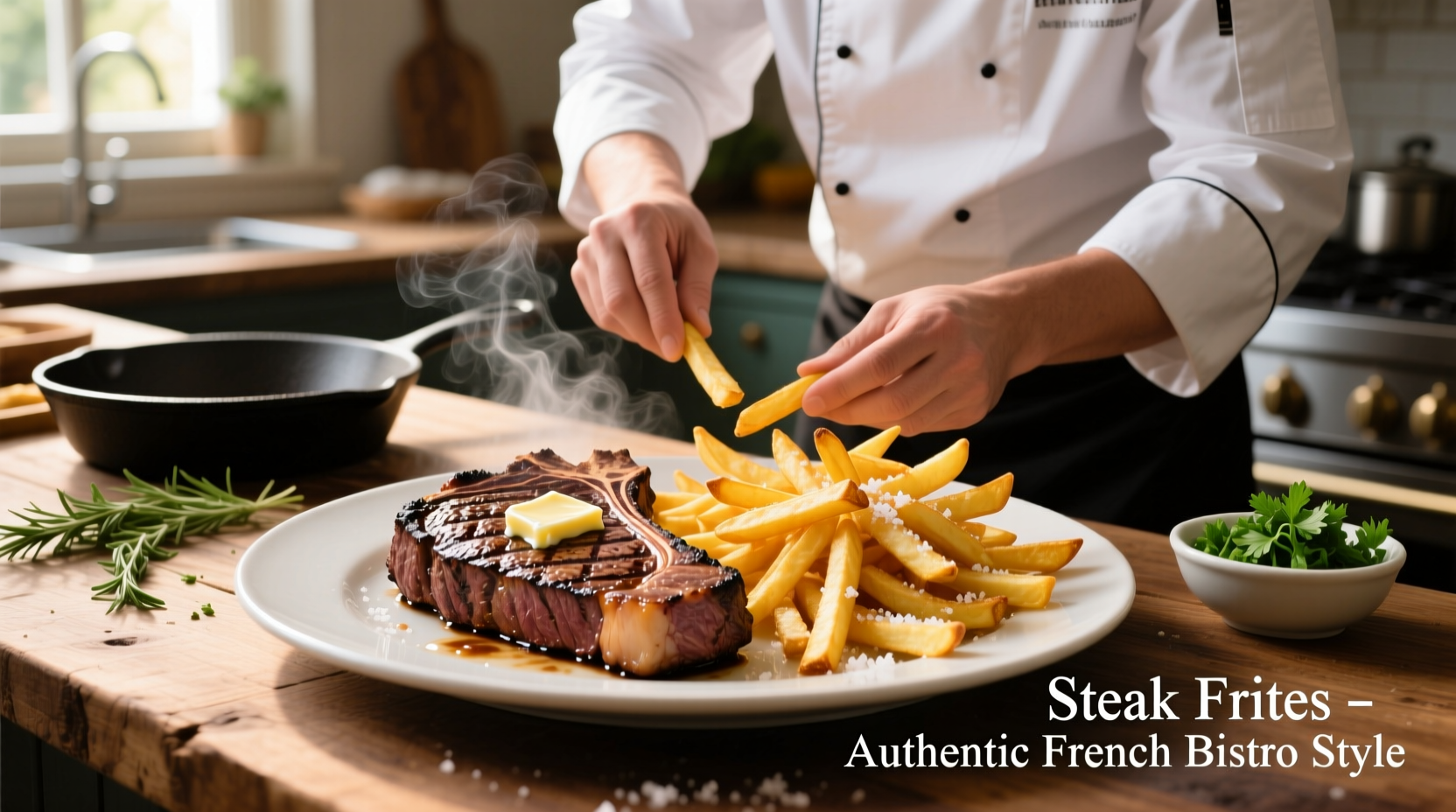 Chef preparing steak frites with golden fries