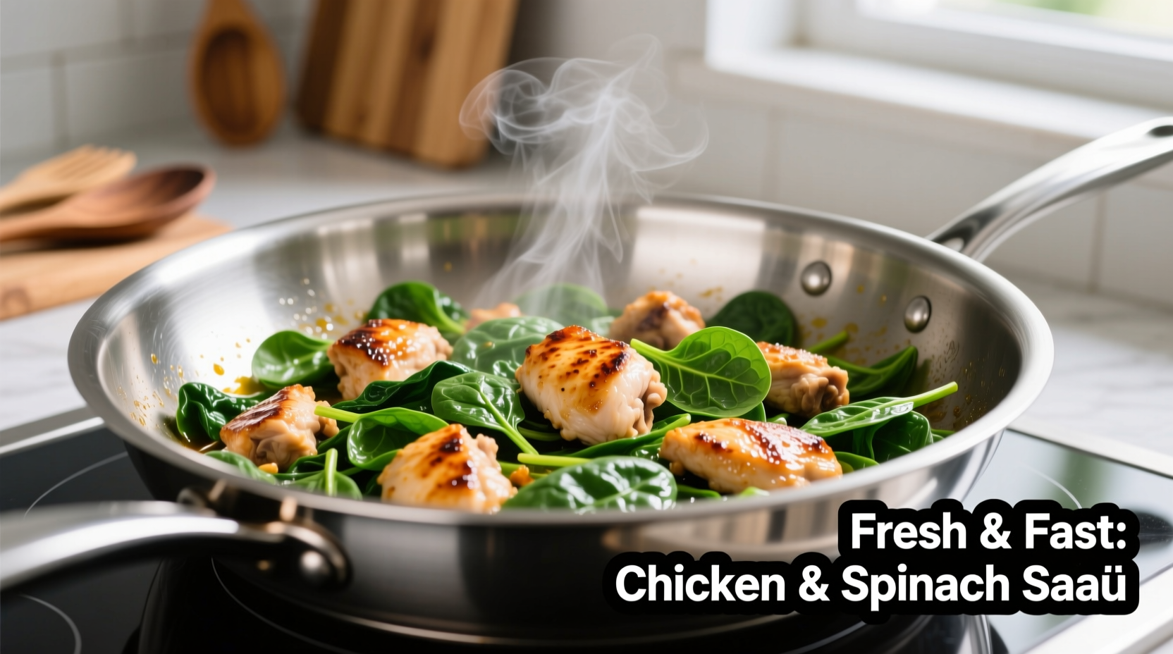 Chicken and spinach sauté in stainless steel pan