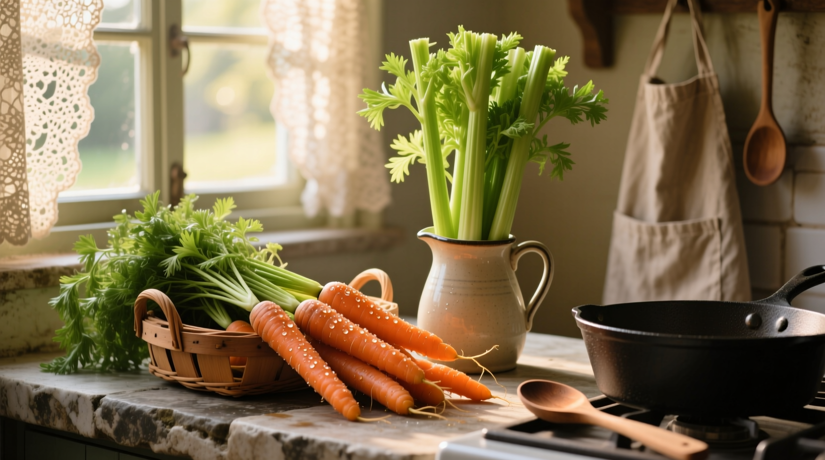 Fresh carrots and celery arranged in kitchen